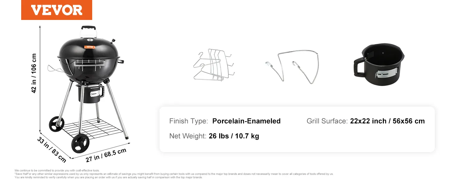 Parrilla de carbón VEVOR, superficie de 22 x 22 pulgadas, 26 libras, esmaltada en porcelana, dimensiones 42 x 33 x 27 pulgadas.
