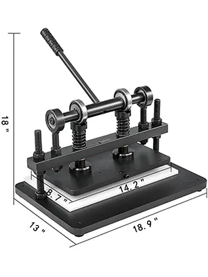Máquina cortadora de cuero VEVOR con medidas en pulgadas que muestran dimensiones.
