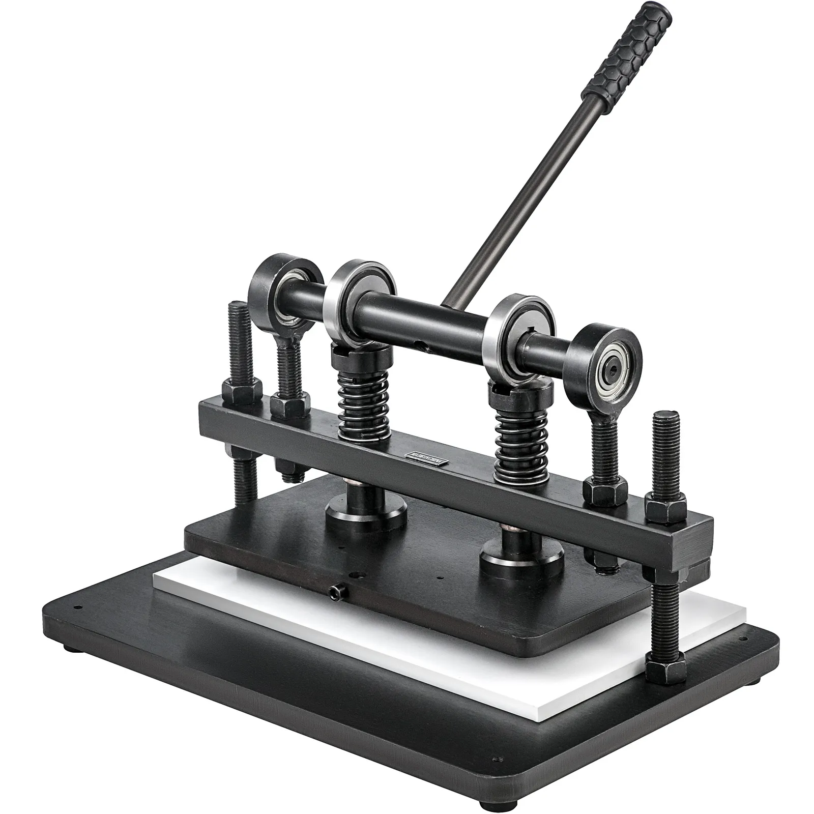 Máquina de corte de cuero VEVOR con estructura de metal resistente y palanca manual.