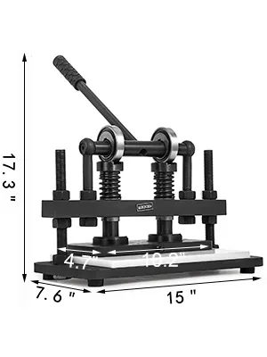 VEVOR leather cutting machine with ergonomic lever and dimensions in inches.