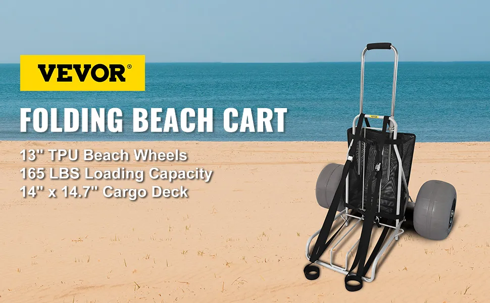 VEVOR beach cart with 13" tpu wheels, 165 lbs capacity, and 14" x 14.7" cargo deck on the sand.