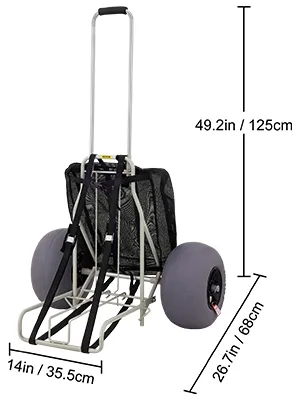 VEVOR beach cart with large wheels, adjustable handle, and mesh storage bag; 49.2in height, 26.7in width.