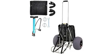 VEVOR beach cart with large wheels, foldable frame, air pump, and accessories.