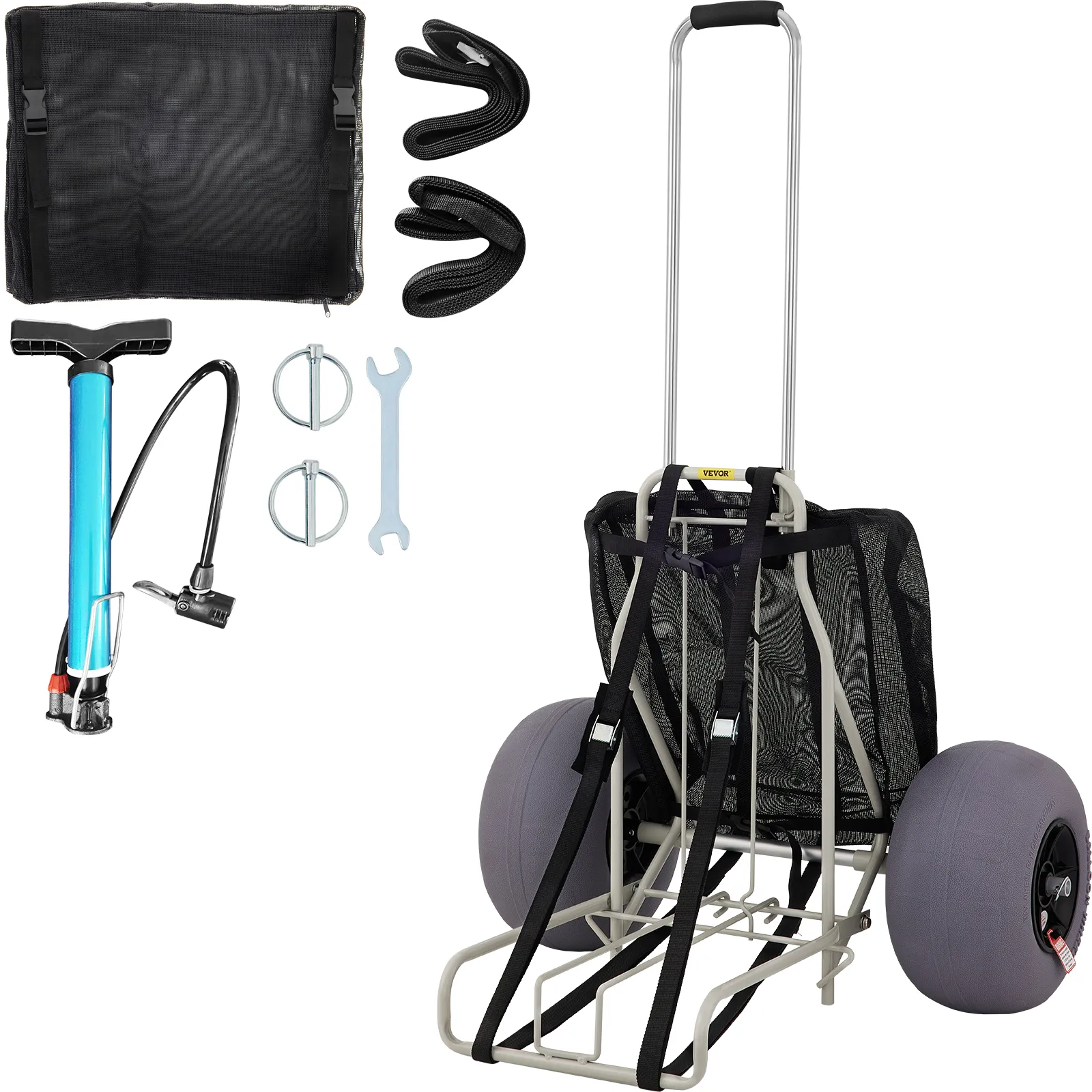 VEVOR beach cart with large wheels, mesh basket, air pump, straps, and assembly tools.
