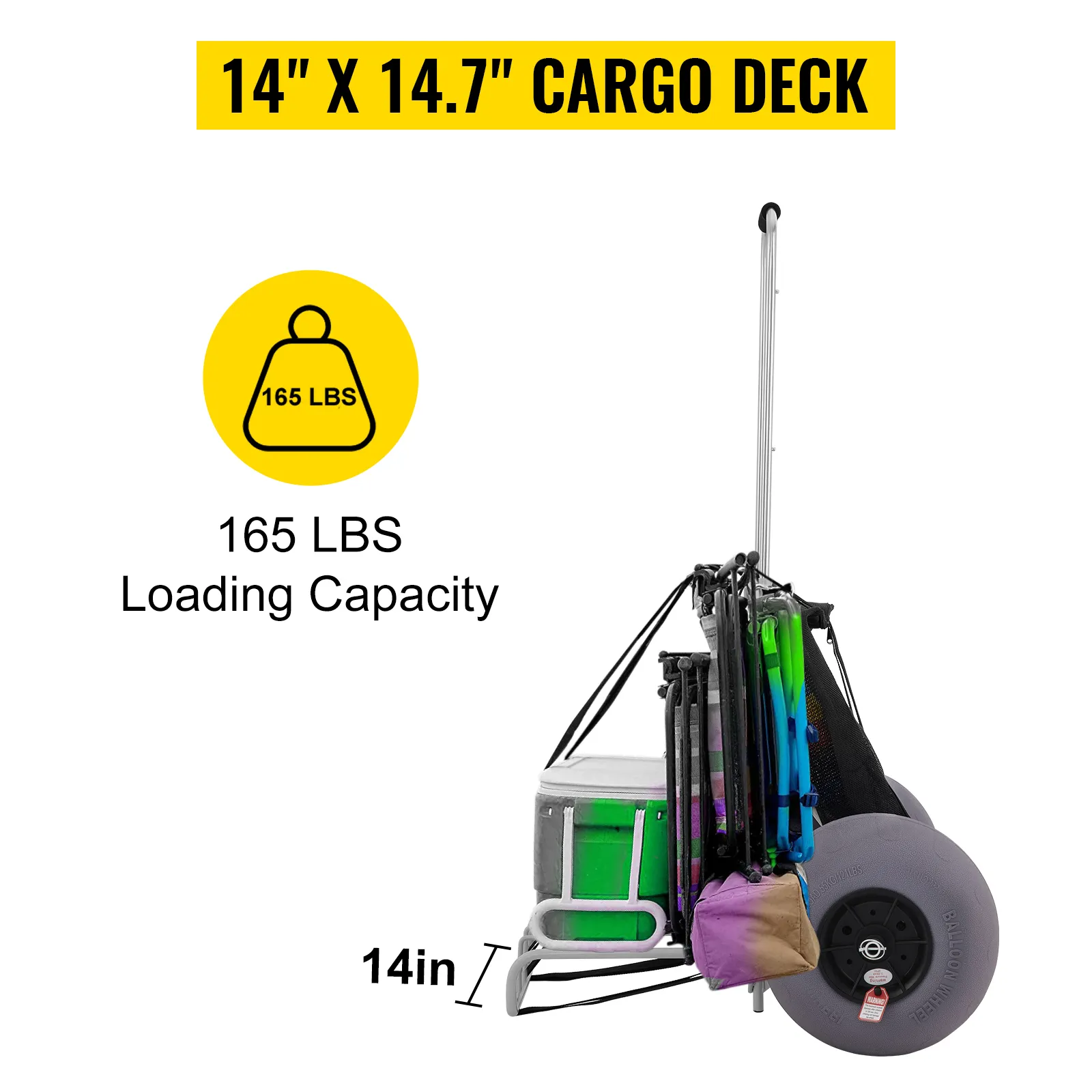 VEVOR beach cart with 165 lbs capacity, a 14"x14.7" cargo deck, and large wheels for easy transport.