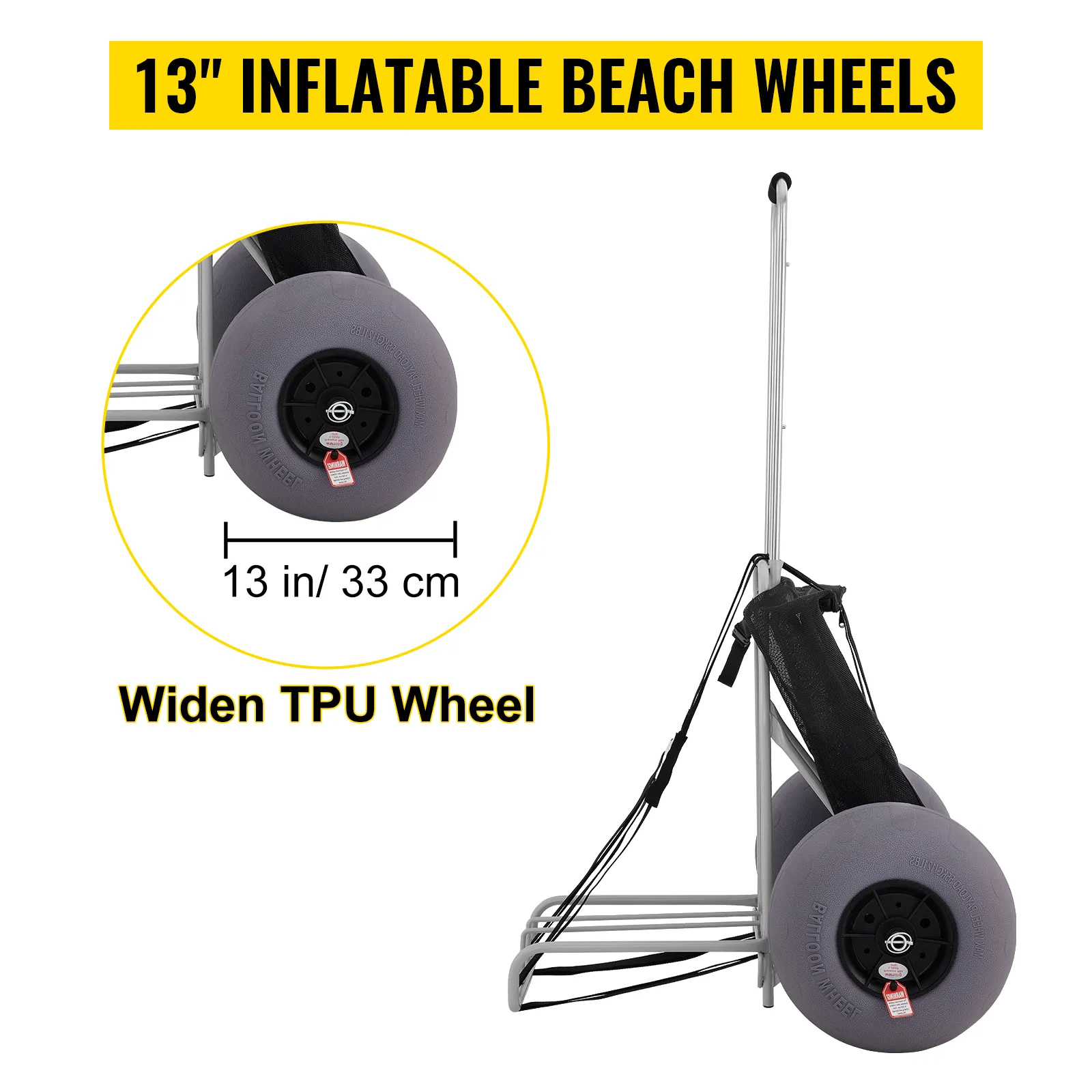 VEVOR beach cart with 13" inflatable tpu wheels for sand terrain, featuring sturdy silver frame.