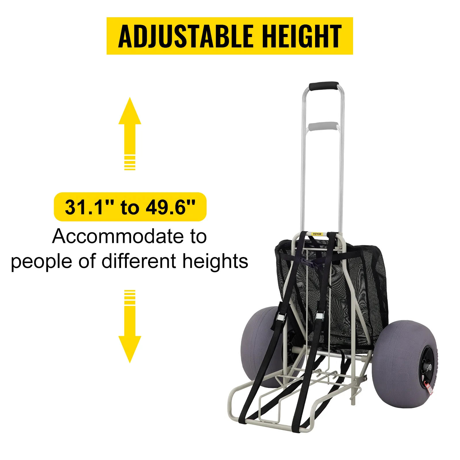 adjustable height VEVOR beach cart with straps and large wheels. height range: 31.1" to 49.6".