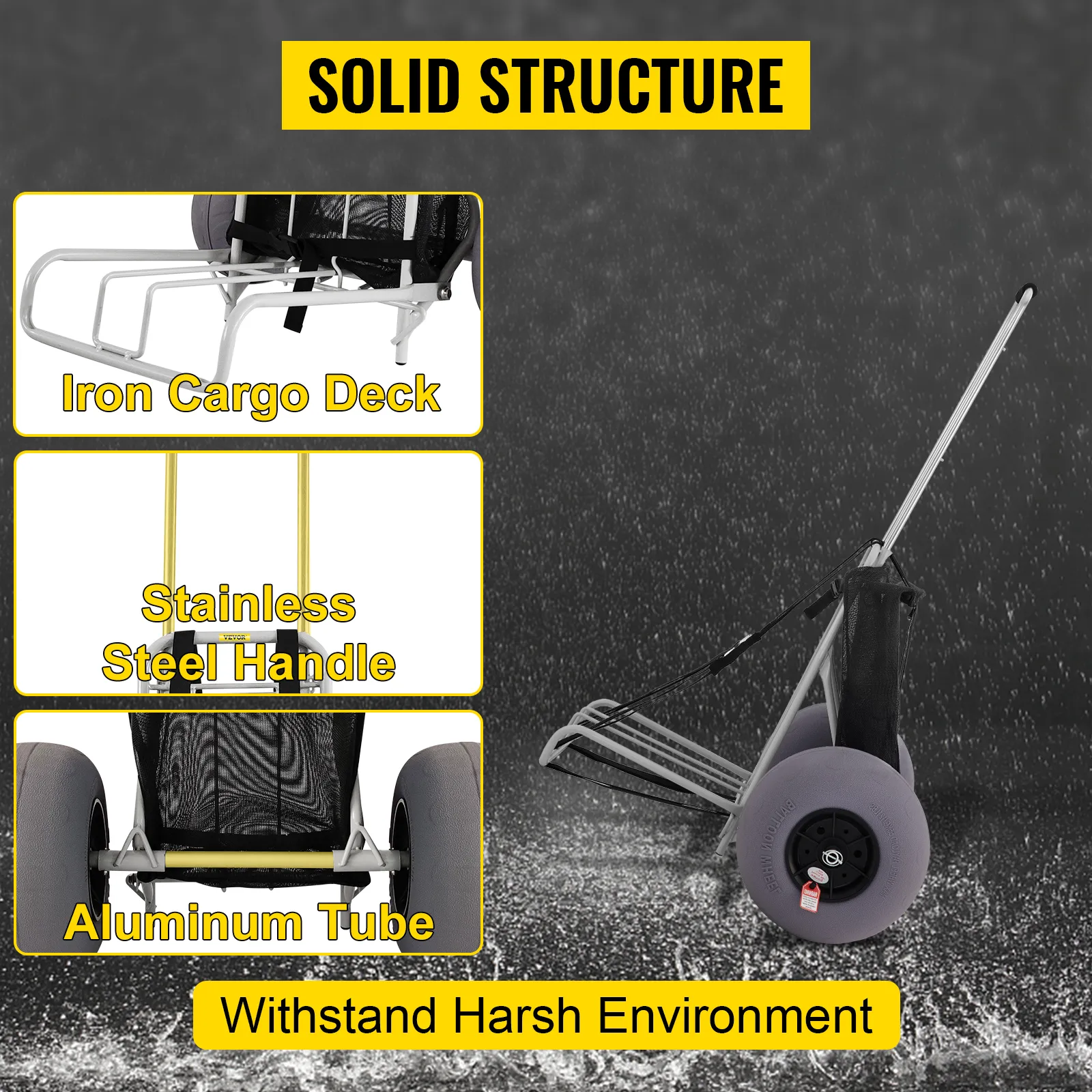 VEVOR beach cart with iron cargo deck, stainless steel handle, and aluminum tube structure.