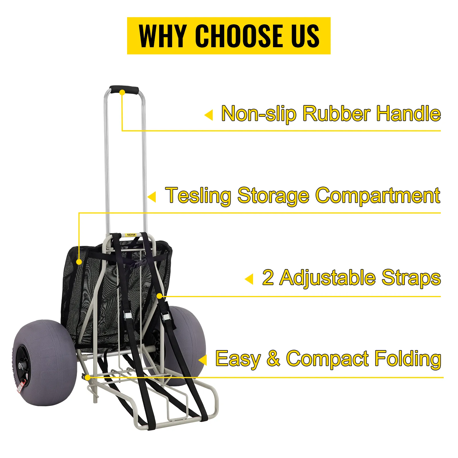 yellow banner with "why choose us" above the VEVOR beach cart, showcasing a non-slip handle, storage compartment