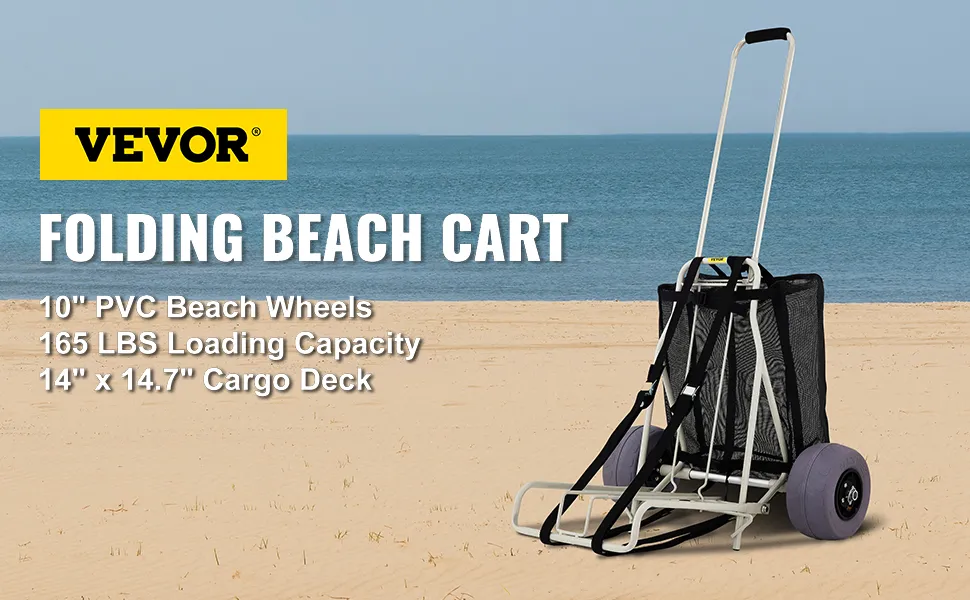 VEVOR beach cart with 10" pvc wheels, 165 lbs load capacity, and 14" x 14.7" cargo deck on sandy beach.