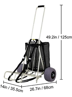 VEVOR beach cart with dimensions 49.2in h, 26.7in w, 14in d, large wheels, and a mesh storage compartment.