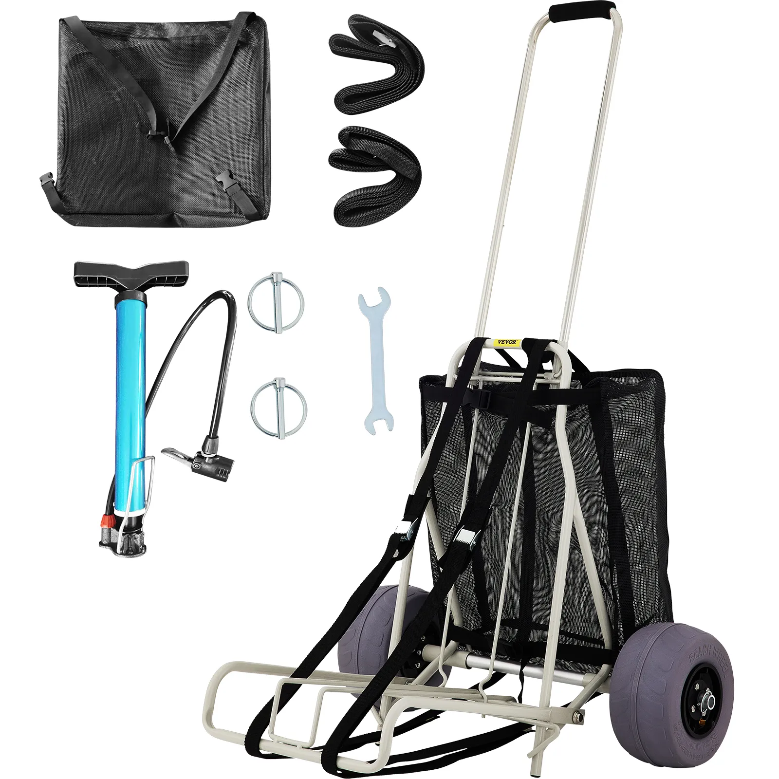 VEVOR beach cart with accessories like a pump, wrench, straps, bag, and wheels. ideal for beach trips.