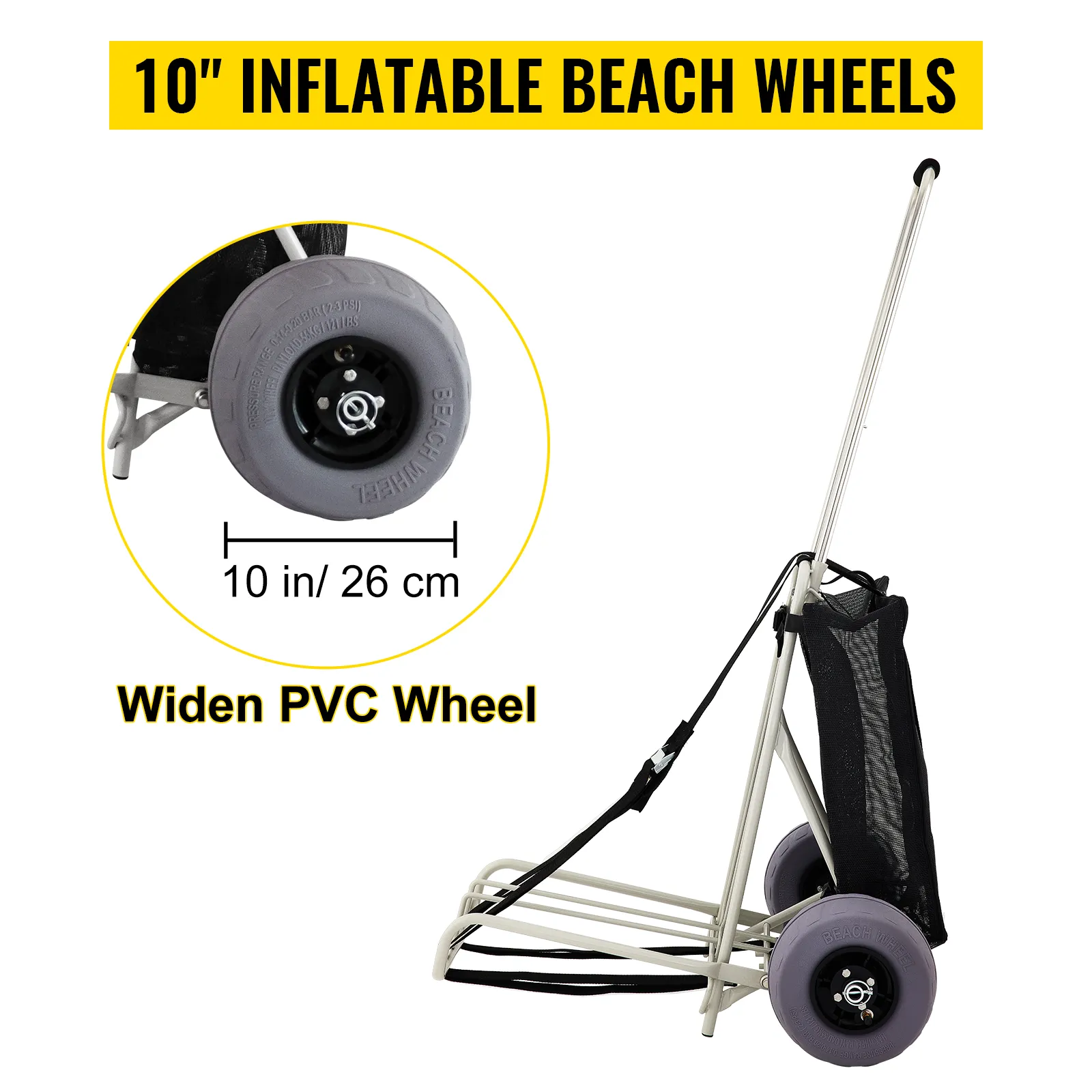 VEVOR beach cart with 10" inflatable pvc wheels, ideal for sandy terrains and beach outings.