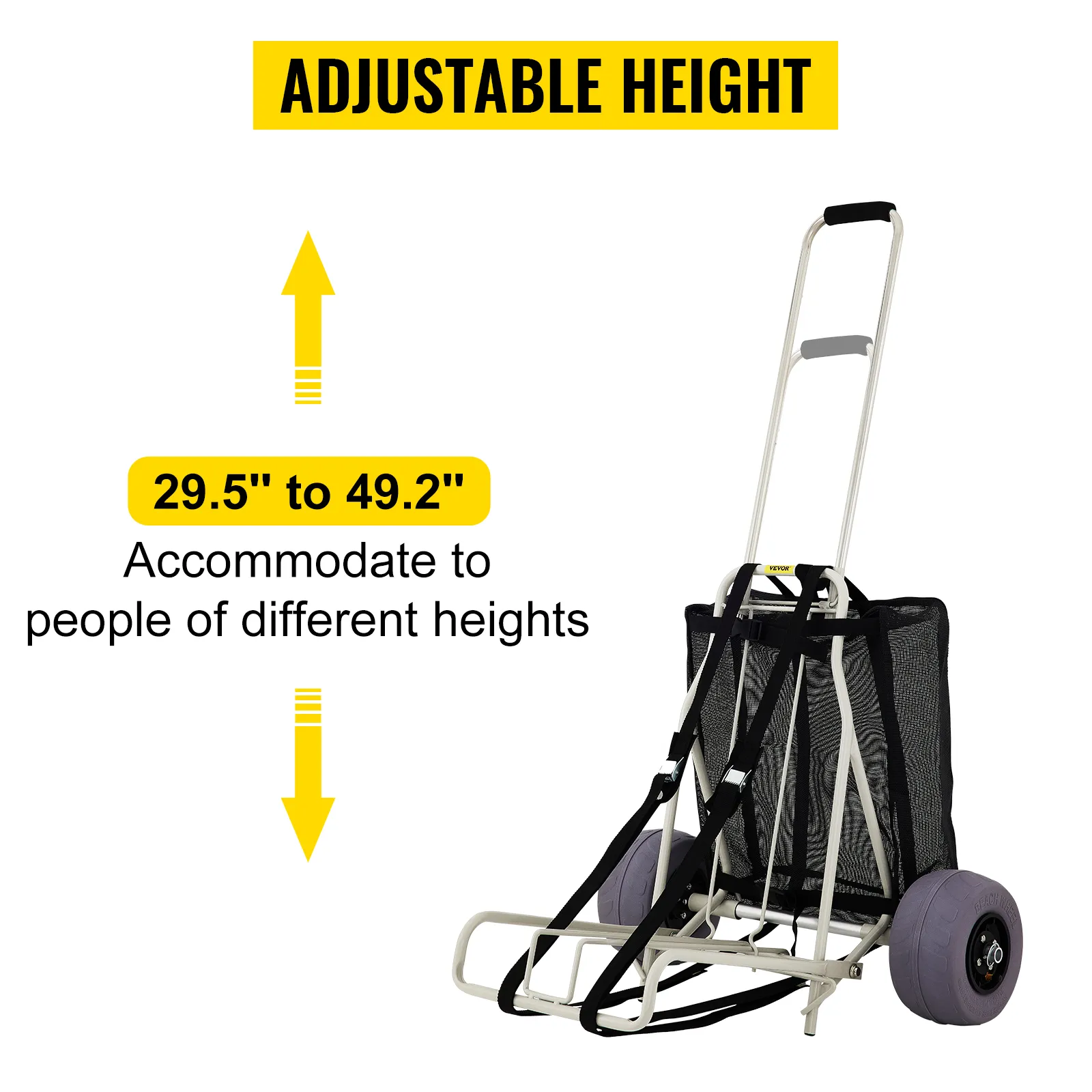 VEVOR beach cart with adjustable height from 29.5" to 49.2" for different user heights.