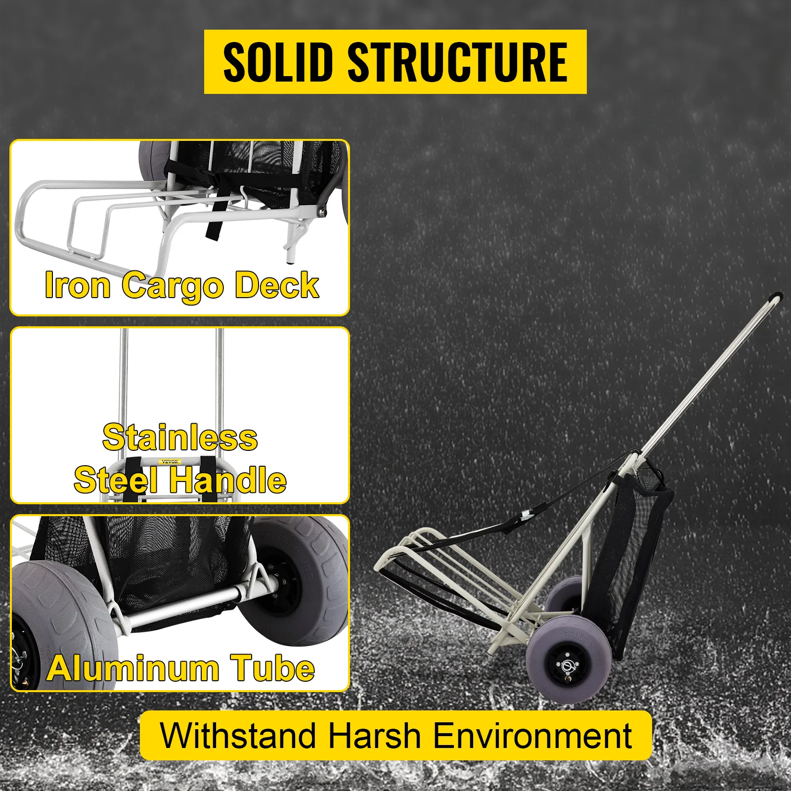 VEVOR beach cart with iron cargo deck, stainless steel handle, and aluminum tube for harsh environments.