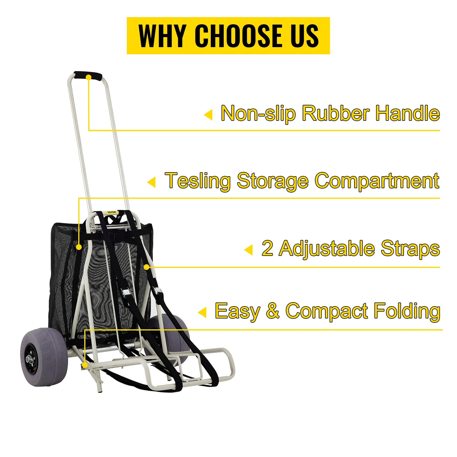 VEVOR beach cart with non-slip rubber handle, storage compartment, adjustable straps, and compact folding.