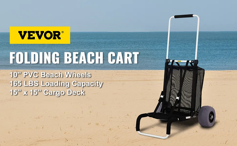 VEVOR beach cart on sandy shore with 10" pvc beach wheels and 165 lbs loading capacity.