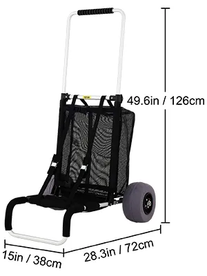 VEVOR beach cart with dimensions: 49.6in height, 15in width, 28.3in depth, and large wheels.