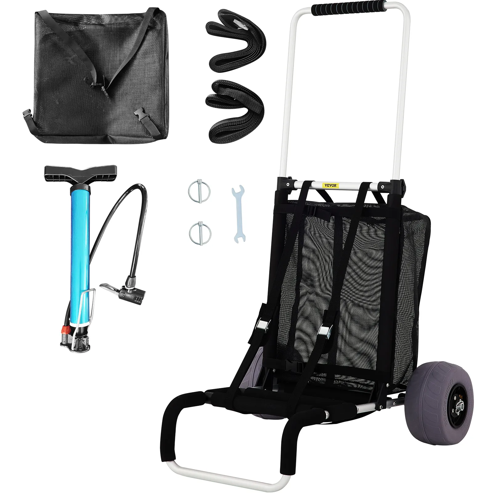 VEVOR beach cart with bag, bungee straps, tools, and pump, ready for beach gear transport.