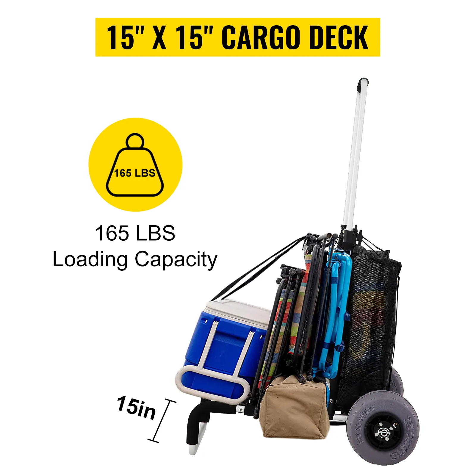 VEVOR beach cart with 15" x 15" cargo deck, 165 lbs loading capacity, and large wheels for easy transport.