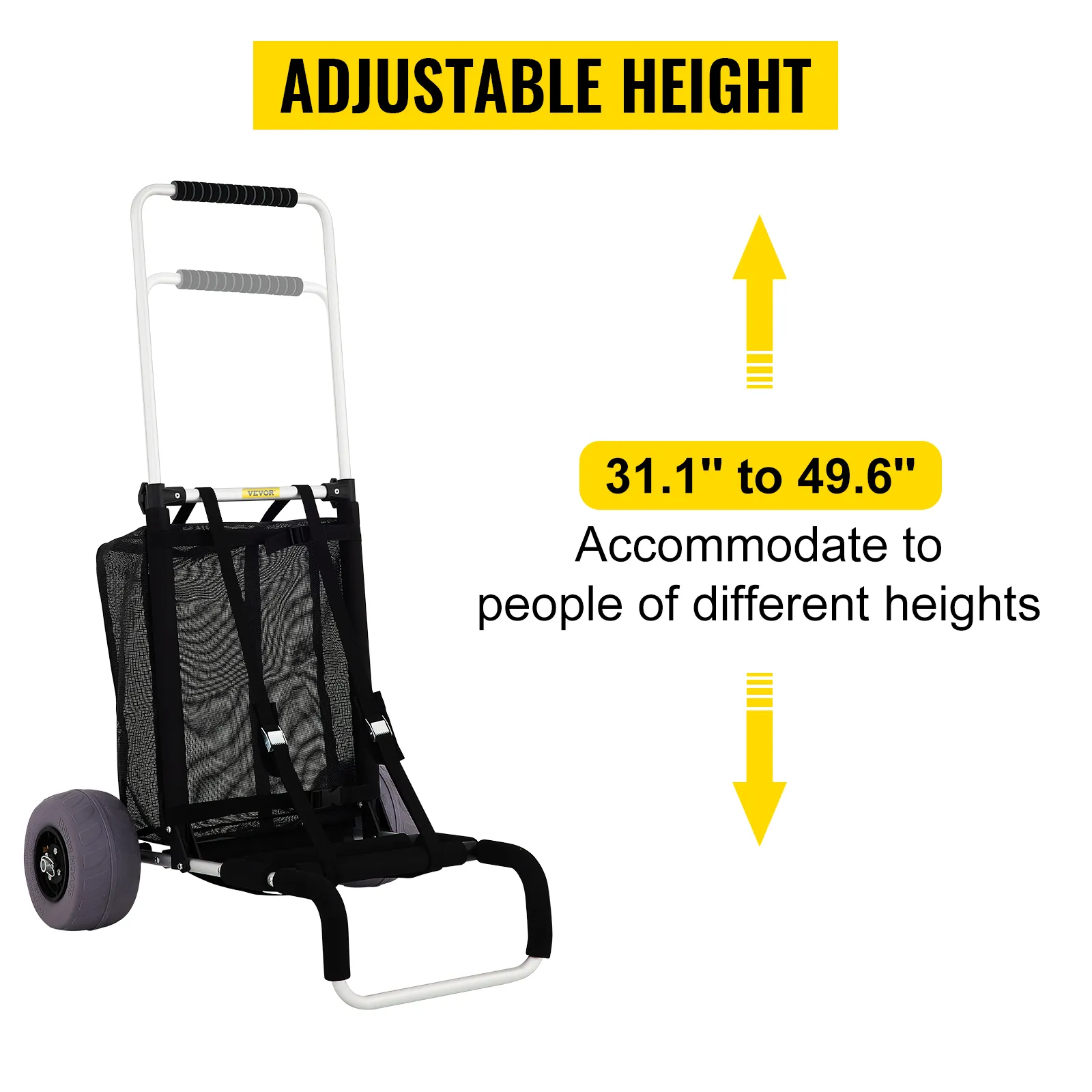 VEVOR beach cart with adjustable height from 31.1" to 49.6", suitable for various user heights.