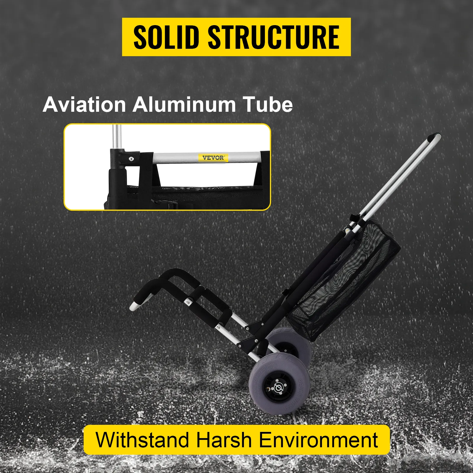 VEVOR beach cart with aviation aluminum tube, solid structure, and durability for harsh environments.