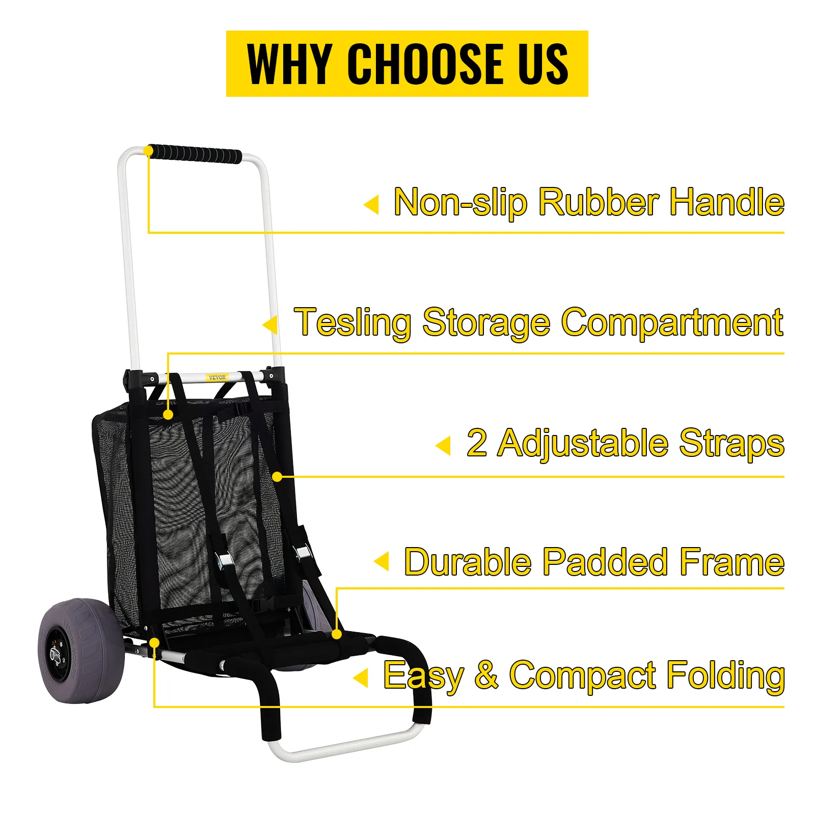 VEVOR beach cart with non-slip rubber handle, tesling storage compartment, and durable padded frame.