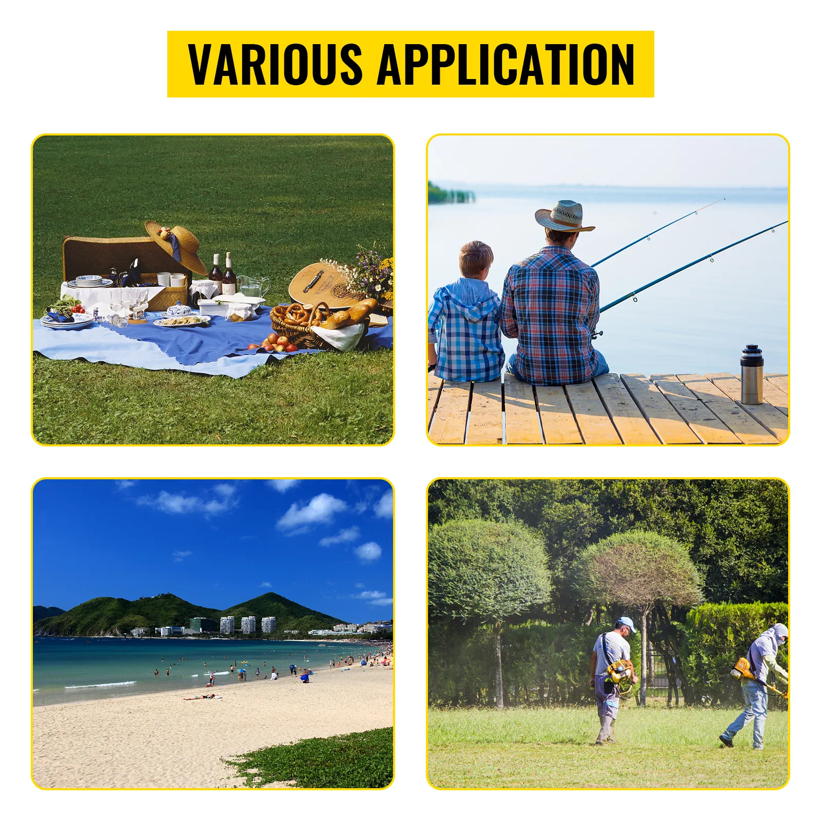 four scenes: a picnic, fishing on a pier, a busy beach, and gardening. ideal uses for VEVOR beach cart.