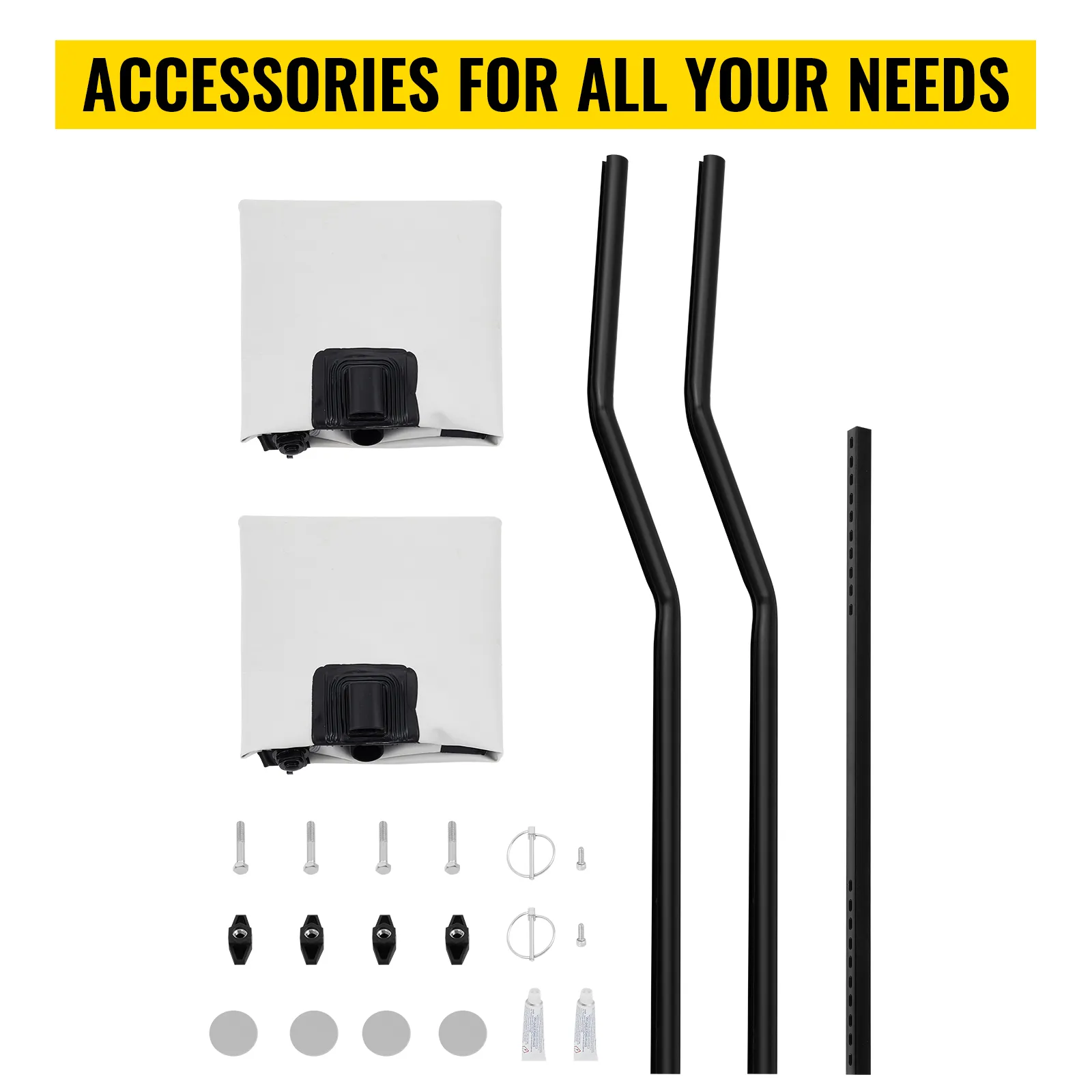 VEVOR kayak stabilizers kit with mounting accessories, black rods, screws, and white floats.
