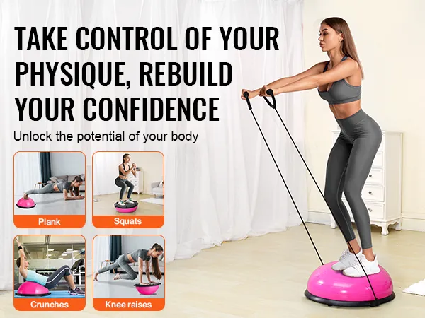 VEVOR balance ball trainer for planks, squats, crunches, and knee raises, promoting fitness and confidence.