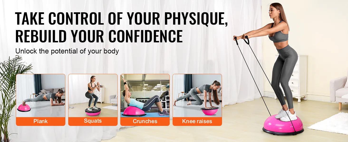 VEVOR balance ball trainer for planks, squats, crunches, and knee raises, promoting fitness and confidence.