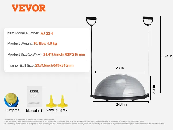 VEVOR balance ball trainer dimensions, accessories (pump, manual, valve plugs), and product specifications.