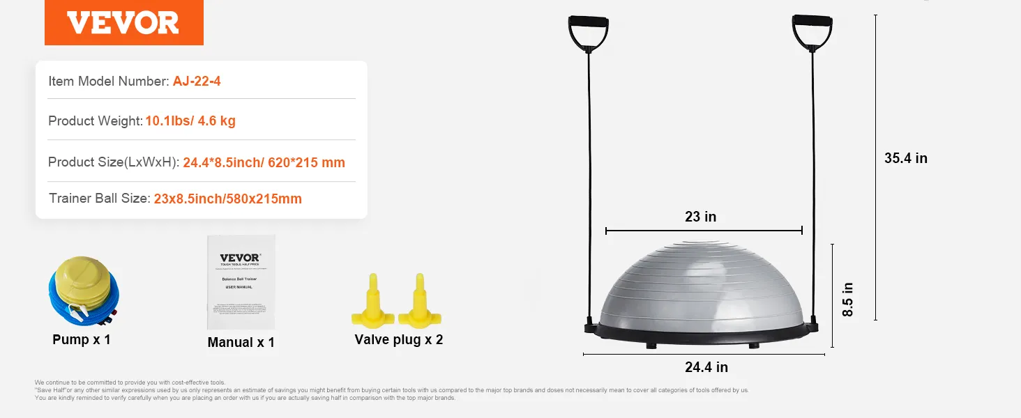 VEVOR balance ball trainer dimensions, accessories (pump, manual, valve plugs), and product specifications.