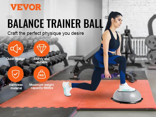 woman exercising with VEVOR balance ball trainer in a fully equipped gym, highlighting its features.