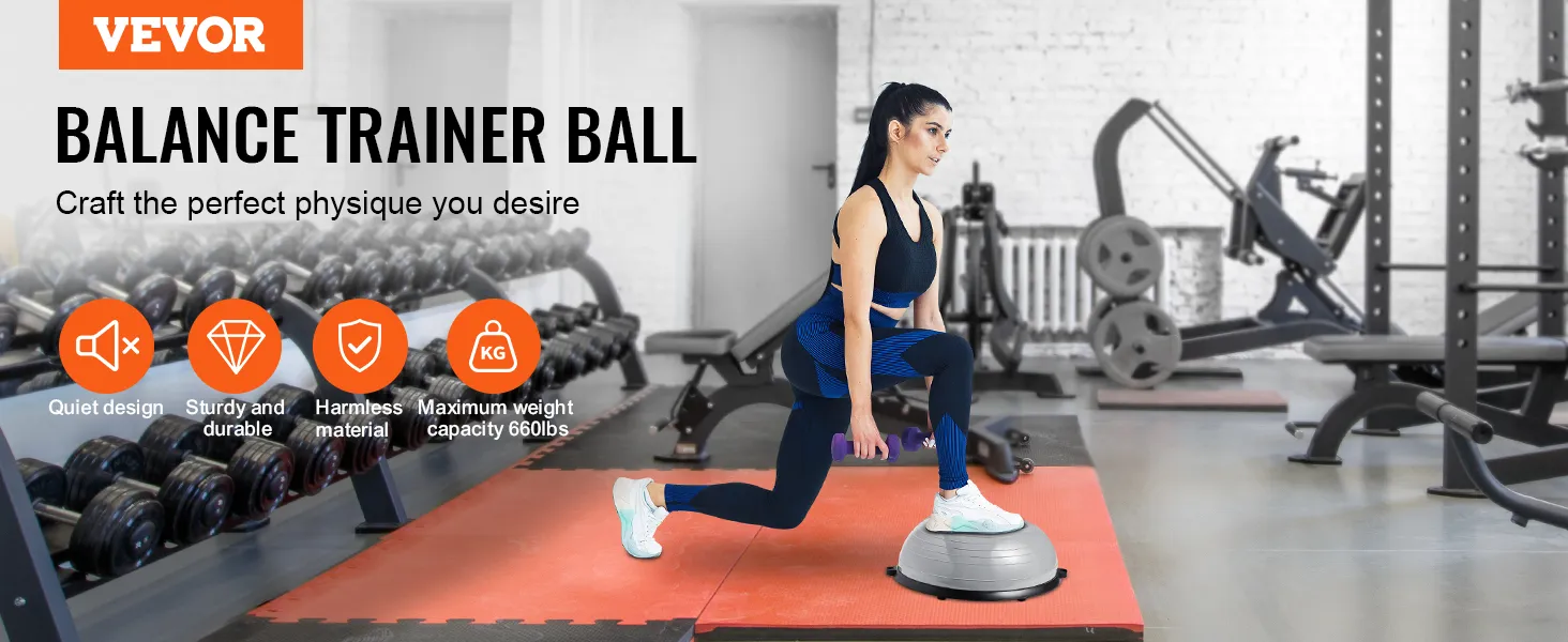 woman exercising with VEVOR balance ball trainer in a fully equipped gym, highlighting its features.