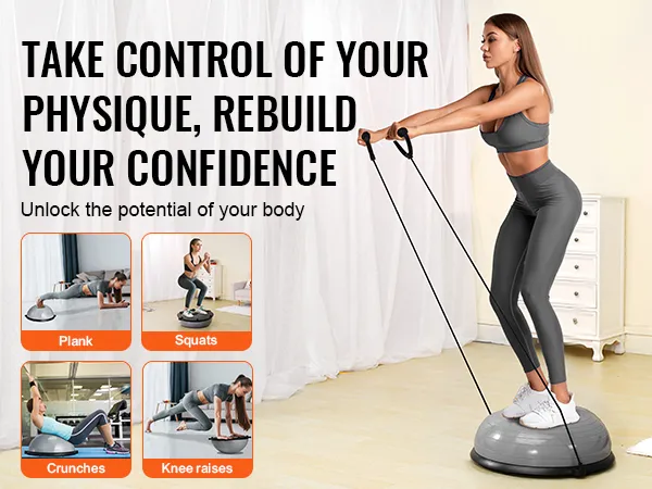 woman using VEVOR balance ball trainer for squats, surrounded by images of plank, crunches, and knee raises.