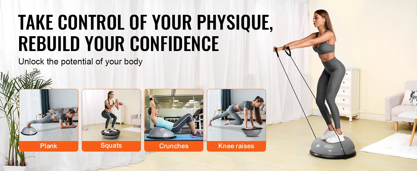 woman using VEVOR balance ball trainer for squats, surrounded by images of plank, crunches, and knee raises.