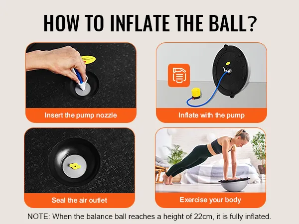 how to inflate and use the VEVOR balance ball trainer: insert nozzle, inflate, seal outlet, exercise.