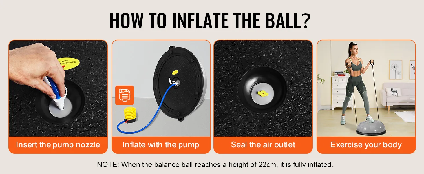 how to inflate and use the VEVOR balance ball trainer: insert nozzle, inflate, seal outlet, exercise.