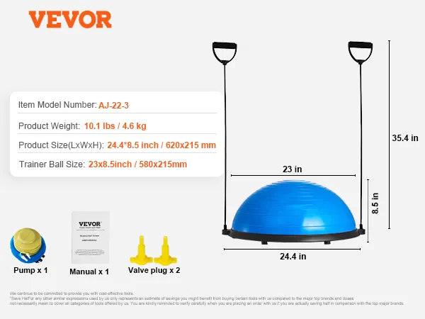 VEVOR balance ball trainer with handles, pump, manual, and valve plugs, dimensions 24.4x8.5 inches.