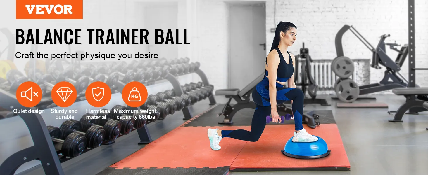 VEVOR balance ball trainer in gym, highlighting features: quiet, durable, harmless, and 660lbs capacity.