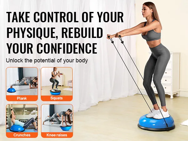 VEVOR balance ball trainer with examples of plank, squats, crunches, and knee raises exercises.