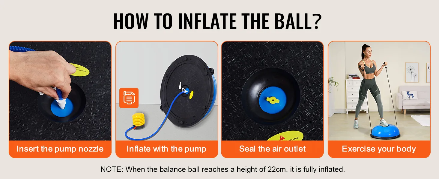 how to inflate the VEVOR balance ball trainer: insert nozzle, inflate, seal air outlet, exercise.