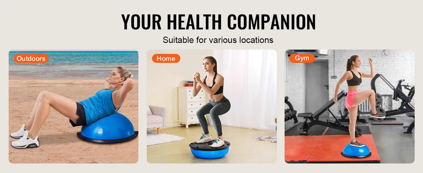 VEVOR balance ball trainer used outdoors on beach, at home for squats, and in gym for step exercises.