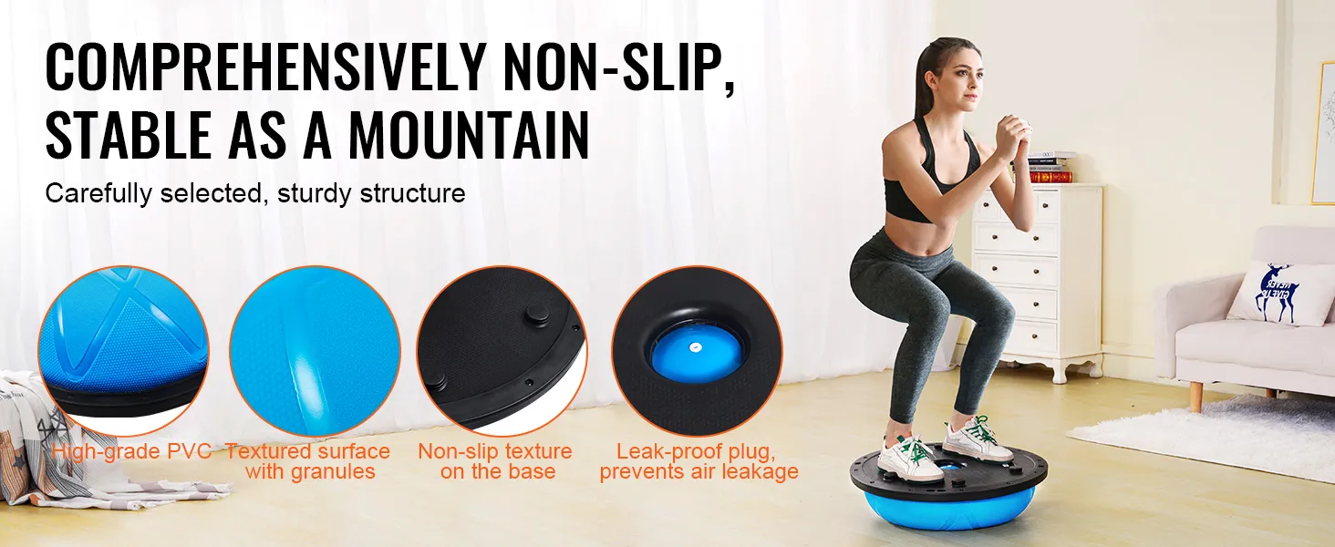 woman squatting on VEVOR half exercise ball trainer in living room, showing non-slip textured surface and leak-proof plug.