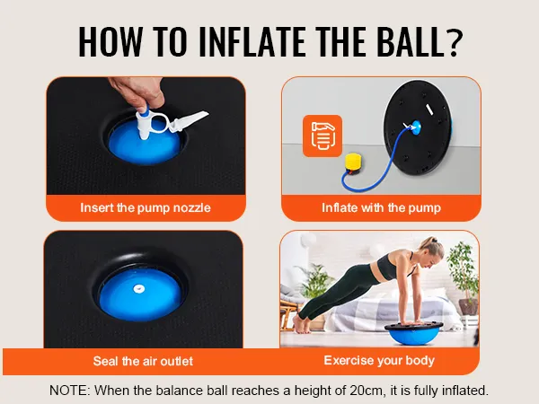 how to inflate VEVOR half exercise ball trainer: insert pump nozzle, inflate, seal, exercise.