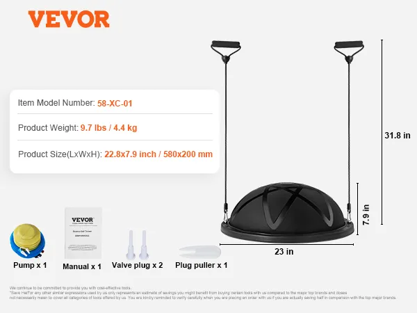 VEVOR balance ball trainer with pump, manual, valve plugs, plug puller, model 58-xc-01, dimensions shown.