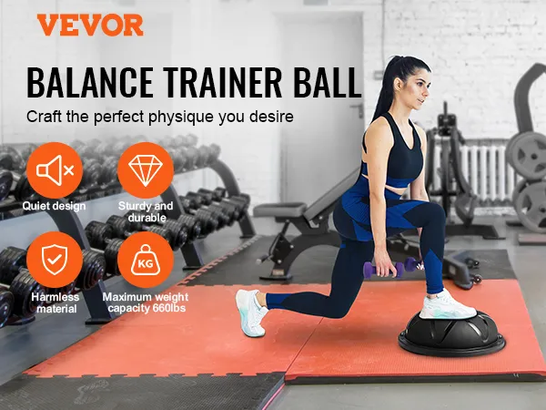 VEVOR balance ball trainer used in a gym, highlighting quiet design, durability, and high weight capacity.