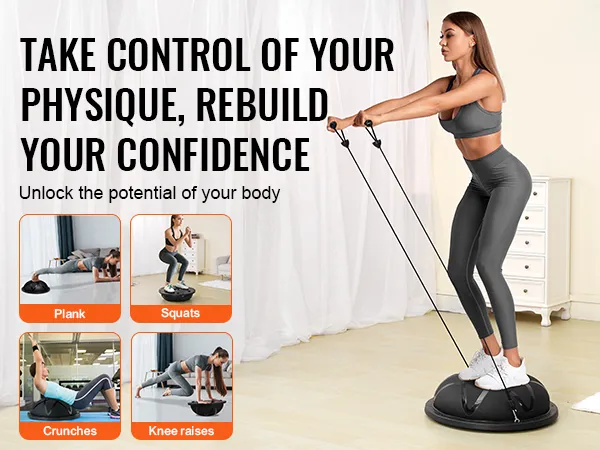 woman doing squats using the VEVOR balance ball trainer with exercise suggestions: plank, squats, crunches, knee raises.