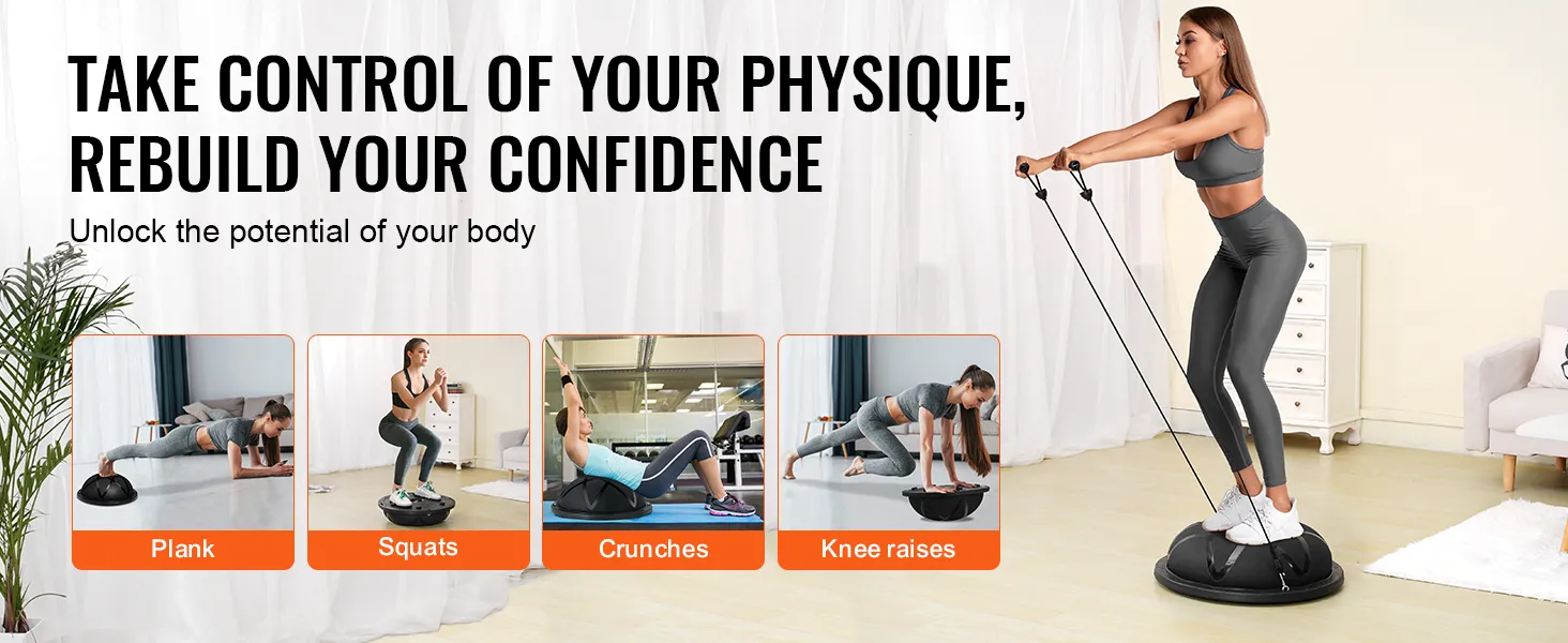 woman doing squats using the VEVOR balance ball trainer with exercise suggestions: plank, squats, crunches, knee raises.